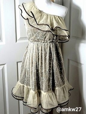 NWT Ryu One Shoulder Ruffle Dress Cream Floral Mesh Lace w/ Brown Underlayer